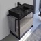 Modern Powder Room Console Vanity with Grey Oak Cabinet, Black Marble Style Sink, 35 Inch, Free Standing